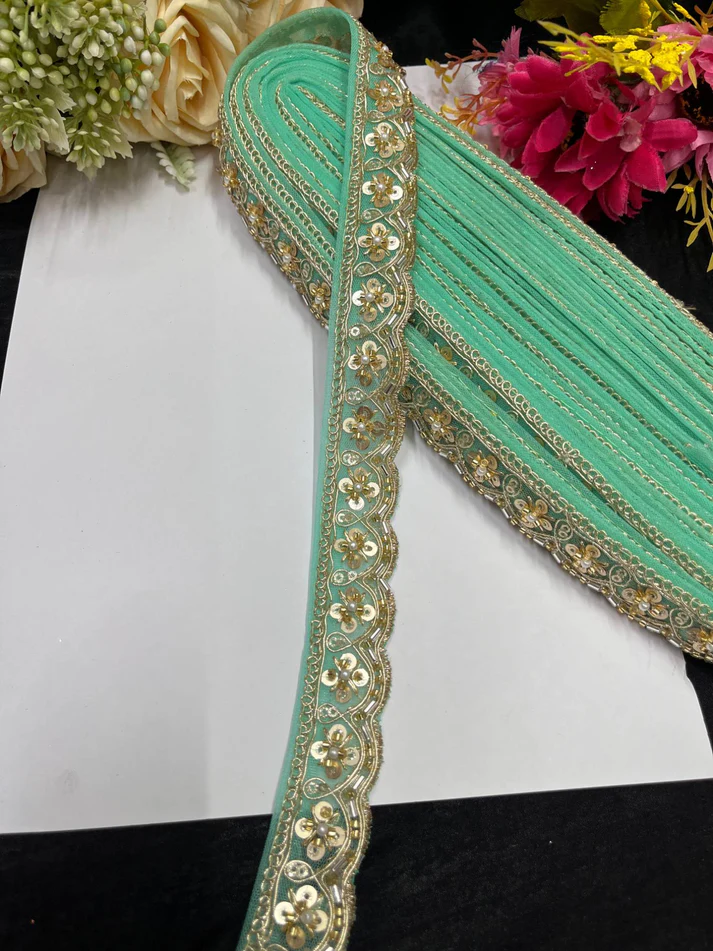 Handcrafted Katdana Saree Maggam work Embellished Border Lace - Sea Green